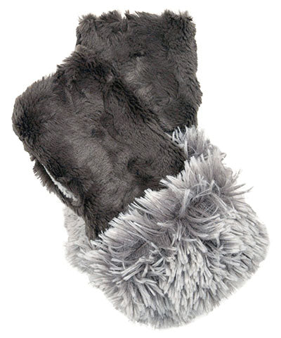 Fingerless Gloves with Cuff | Gray Cuddly Faux Fur with Pearl Fox Cuff | Handmade by Pandemonium Millinery Seattle WA USA