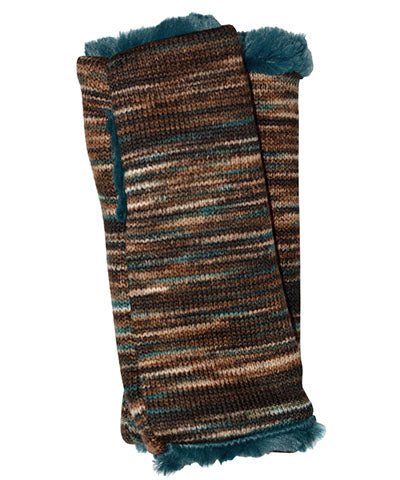 Men&#39;s Fingerless Gloves | Sweet Stripes in English Toffee lined Peacock Pond Faux Fur | Handmade by Pandemonium Millinery Seattle, WA USA