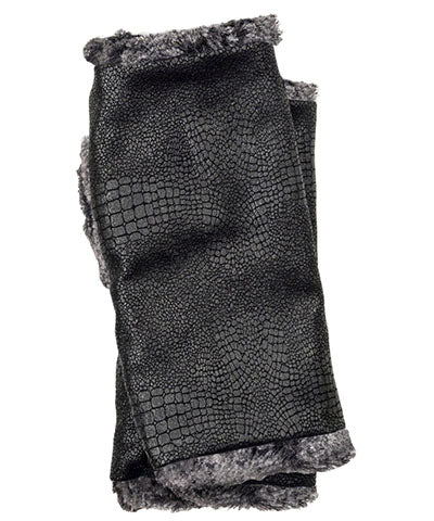 Men's Fingerless Gloves - Outback Vegan Leather in Black with Nimbus Faux Fur - Handmade Seattle WA Pandemonium Millinery