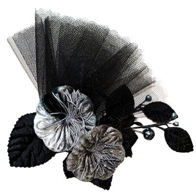 Velvet Floral Brooch with Tulle and Berries in Silver & Black | Assembled in Seattle WA | Pandemonium Millinery