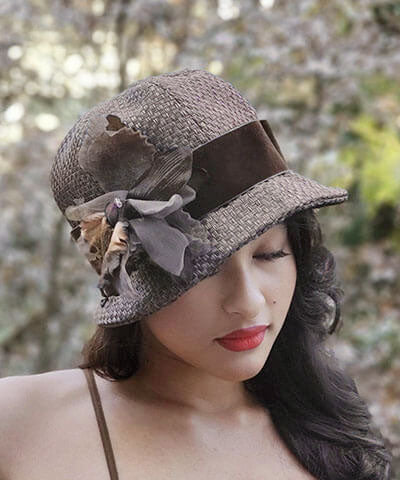 Grace Hat in Interconnected Java with Flower Trim Velvet | Pandemonium Millinery