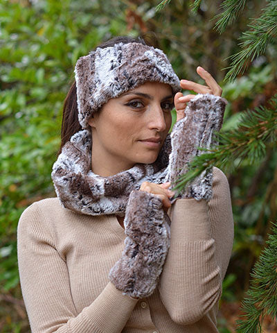 Model outside wearing Headband and matching scarf and gloves | Birch, Brown and Ivory Faux Fur | | Handmade by Pandemonium Millinery Seattle, WA USA