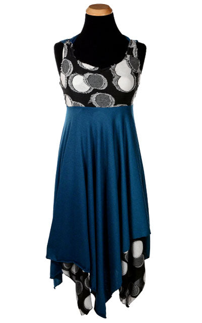 Reverse side of Lilium Dress in Super Nova Black Gray and White with Blue Moon Jersey Knit handmade in Seattle WA from Pandemonium Millinery USA