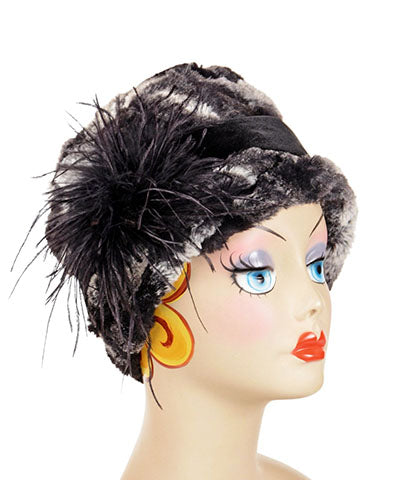 Lola Cloche Hat in Honey Badger Faux Fur with a Band in Black Velvet and Black Ostrich Feather Brooch. Handmade in Seattle, WA USA.