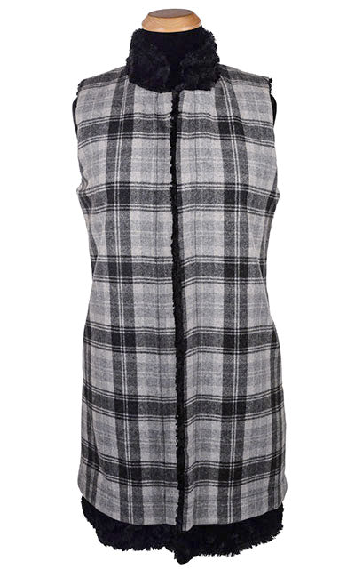 Mandarin Vest, Reversible less pockets - Wool Plaid with Twilight / Cuddly Black Outerwear Pandemonium Millinery