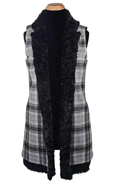 Open Mandarin Vest, Reversible less pockets - Wool Plaid with Twilight / Cuddly Black Outerwear Pandemonium Millinery