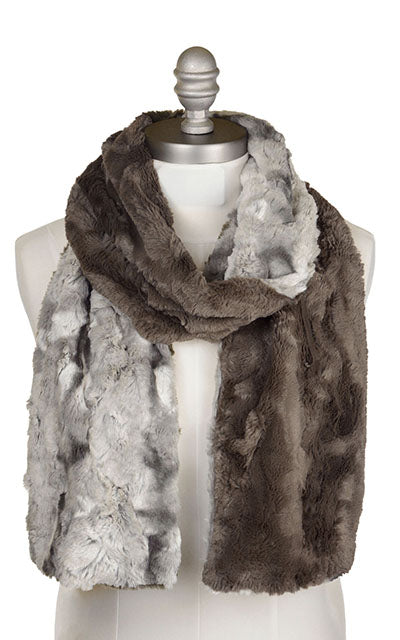 Men's Two-Tone Classic Scarf in White Water Faux Fur with Cuddly Gray Handmade in the USA by Pandemonium Seattle