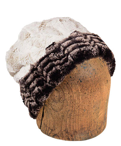 Men&#39;s Beanie Hat Reversible Luxury Faux Fur in 8mm in Sepia Lined in Cuddly Sand Shown in Reverse- by Pandemonium Millinery