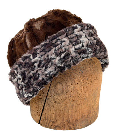 Men&#39;s Beanie Hat | Calico Brown, Ivory Faux Fur with Cuddly Chocolate | Handmade in the USA by Pandemonium Seattle