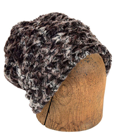 Men&#39;s Beanie Hat Shown in a Slouchy Style | Calico Brown, Ivory Faux Fur | Handmade in the USA by Pandemonium Seattle