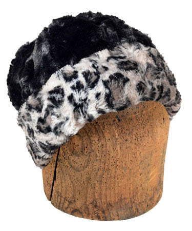 Men&#39;s Beanie Hat, Reversed | Savannah Cat Gray and Black Animal Print Faux Fur reversed to Cuddly Black | Handmade in the USA by Pandemonium Seattle