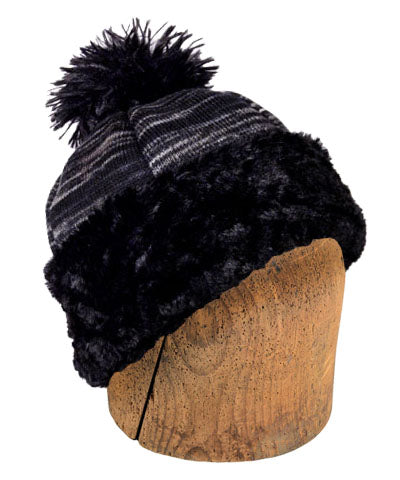 Men&#39;s Beanie Hat in Sweet Stripes Blackberry Cobbler with Black Faux Fur Cuff and Pom Pom | Handmade in Seattle WA | Pandemonium Millinery