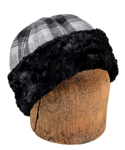 Men&#39;s Beanie Hat | Wool Plaid in Twilight, Gray and Black with Cuddly Black Faux Fur | Handmade in the USA by Pandemonium Seattle