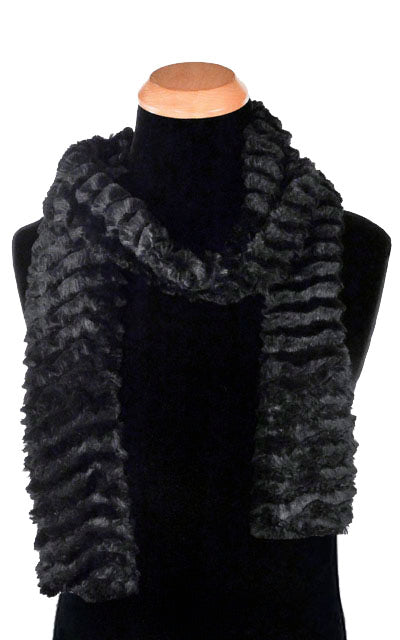 Product shot of  Classic Men&#39;s Skinny  Scarf on Mannequin | Desert Sand in Black Midnight Faux Fur | Handmade in Seattle WA Pandemonium Millinery