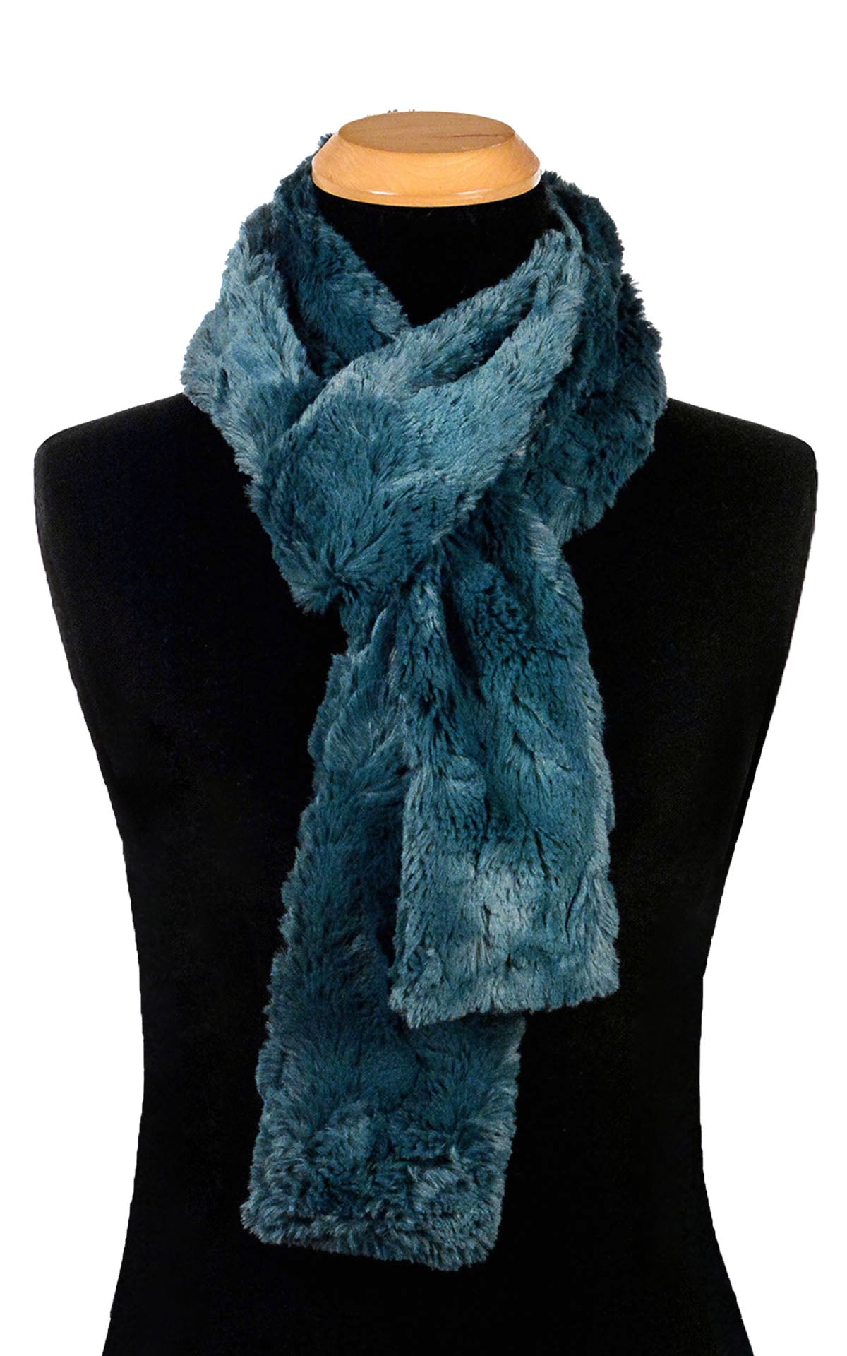 Men’s Product shot on mannequin of  Skinny Classic Scarf | Peacock Pond blue/teal Faux Fur | Handmade by Pandemonium Millinery Seattle, WA USA