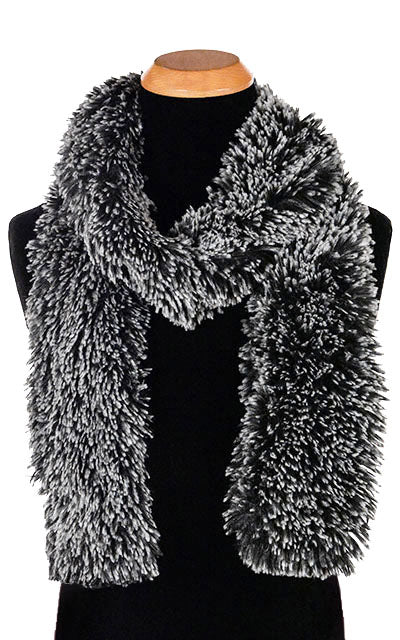 Men&#39;s Classic Skinny Scarf | Silver Tipped Fox in Black Faux Fur | handmade Seattle WA USA by Pandemonium Millinery