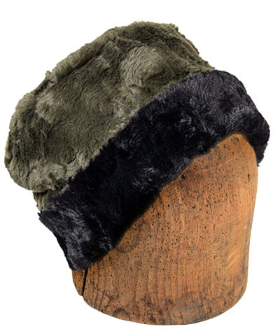 Men's Cuffed Pillbox Two-Tone | Cuddly Faux Fur in Army Green with Black | handmade Seattle, WA USA by Pandemonium Millinery