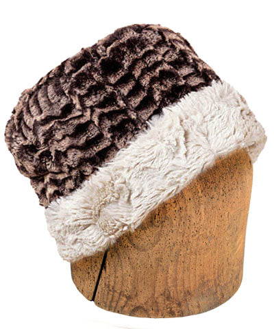 Men&#39;s Cuffed Pillbox, Reversible two tone Hat Luxury Faux Fur in 8mm in Sepia Lined with Cuddly Fur in Sand by Pandemonium Millinery