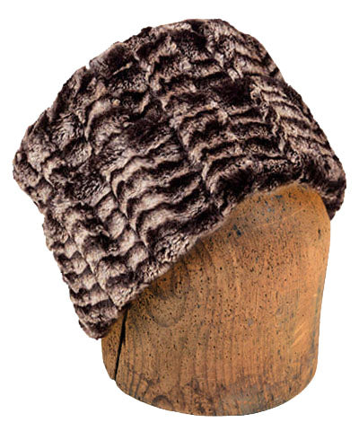 Men's Cuffed Pillbox, Reversible two tone Hat Luxury Faux Fur in 8mm in Sepia Lined with Cuddly Fur in Sand by Pandemonium Millinery
