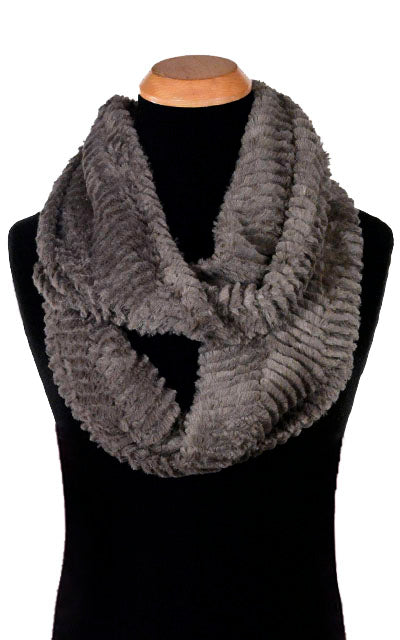Men's Product shot of Infinity Scarf on mannequin | Chevron in Charcoal Gray Faux Fur | Handmade in Seattle WA Pandemonium Millinery