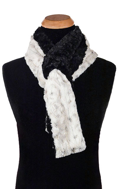 Product Men’s Two - Tone  Scarf | Winters Frost White with a Hint of Black Faux Fur with Cuddly Faux Fur in Black  | Handmade in Seattle WA | Pandemonium Millinery