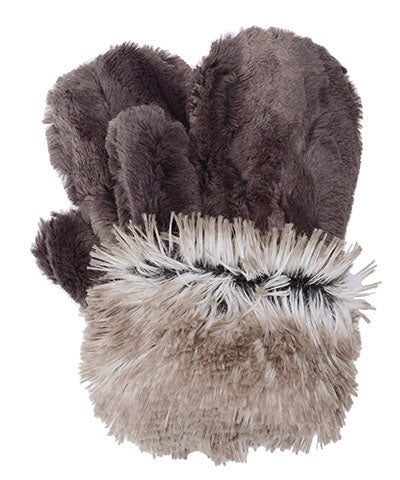 Women’s Product shot of Mittens. Gauntlets,  Mitts | Espresso Brown with Arctic Fox Cuff in Faux Fur | Handmade by Pandemonium Millinery Seattle, WA USA