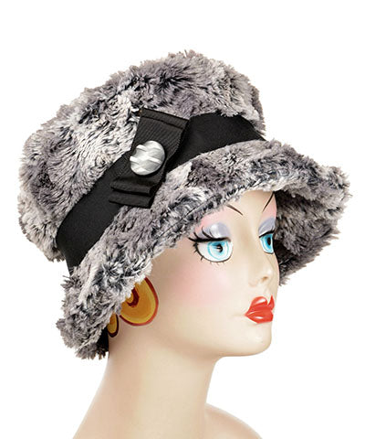 Molly Hat Luxury Faux Fur in Seattle Sky with Black Band and Bow featuring Iridescent Gray Button | Handmade By Pandemonium | Seattle WA USA
