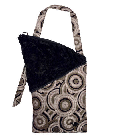 Naples Messenger Bag | Deco Circles in Silver with Cuddly Black Faux Fur Flap | handmade in Seattle WA by Pandemonium Millinery USA