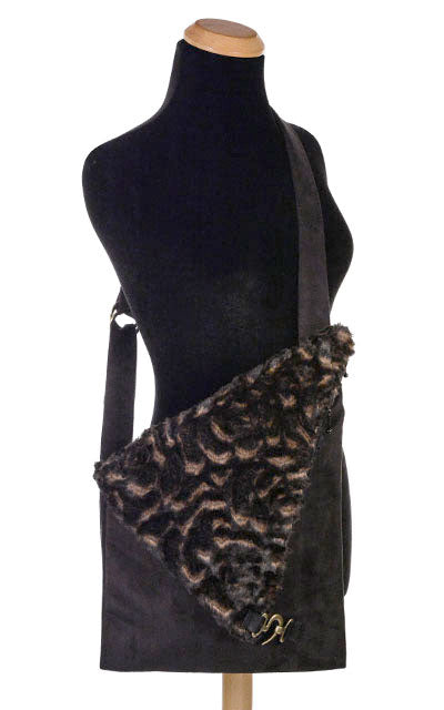 Naples Messenger Bag hanging on mannequin | Black Suede with Vintage Rose Faux Fur Flap | handmade in Seattle WA by Pandemonium Millinery USA