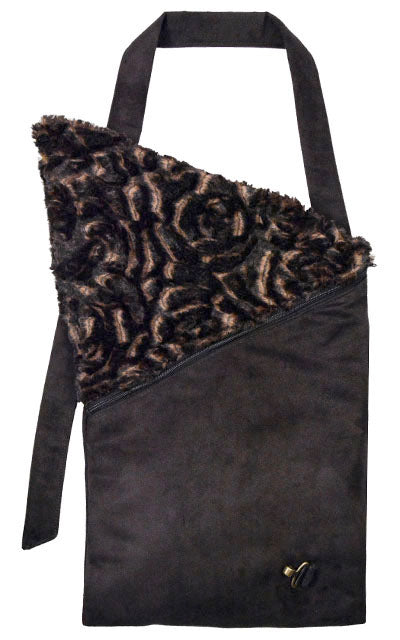 Naples Messenger Bag shown open | Black Suede with Vintage Rose Faux Fur Flap | handmade in Seattle WA by Pandemonium Millinery USA