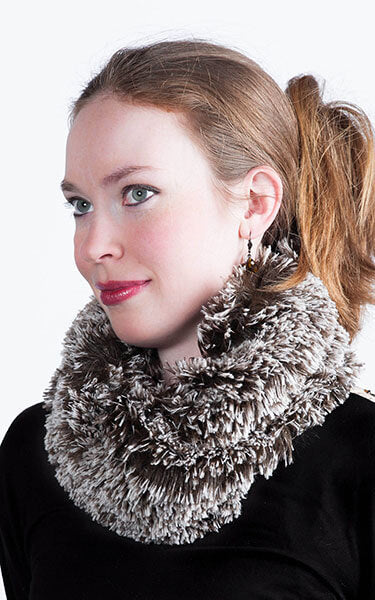 Modeling wearing a Neck Warmer | Silver Tip Fox Black, Black and White Faux Fur | Handmade in the USA by Pandemonium Seattle