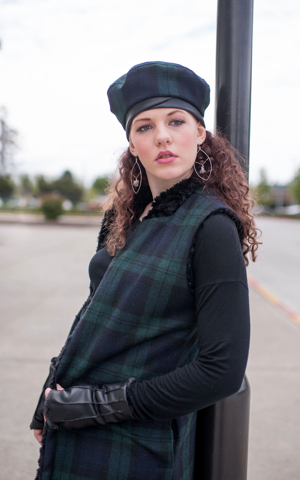Woman wearing Mandarin Vest, Reversible less pockets - Wool Plaid in Nightfall with Cuddly Black Outerwear Pandemonium Millinery
