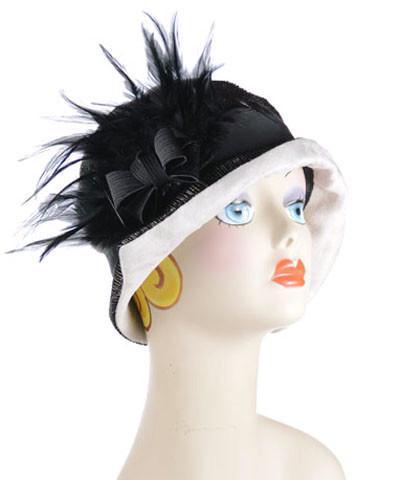 Abigail Hat in Black-Beige Bongo with Black Faux Suede Grosgrain Band and large Black Flower Trim. Handmade in Seattle WA| Pandemonium Millinery