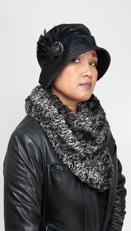 Woman wearing Abigail Hat in Black Interconnected Weave Fabric with Black Grosgrain Band. Black Feathers and Silver Button Trim. Handmade in Seattle WA| Pandemonium Millinery