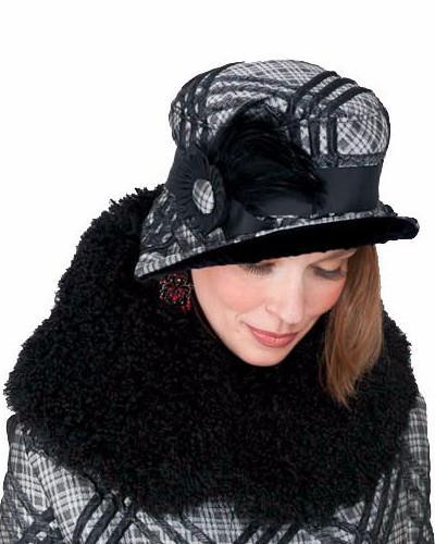 Woman wearing Abigail Hat with brim turned up, in Silver Plaid with Black Velvet Band, Feather and Button | Handmade in Seattle WA | Pandemonium Millinery
