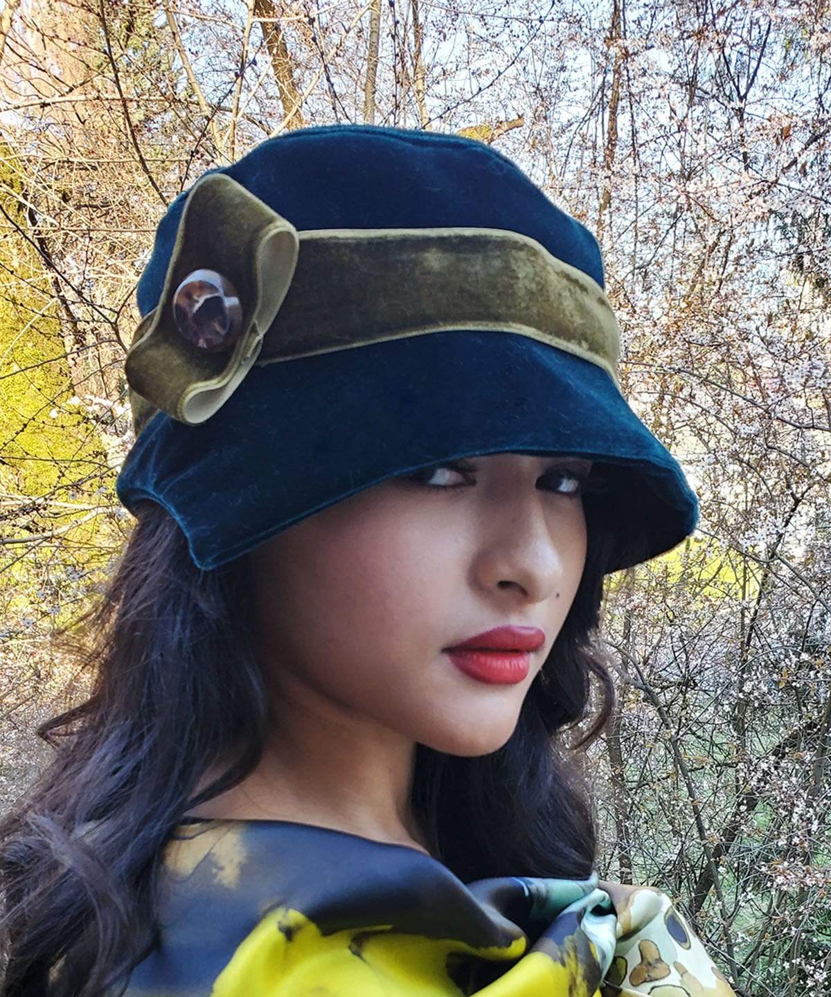 Woman wearing Abigail Hat in Emerald Velvet with Olive Green Band with Caramel Button| Handmade in Seattle WA| Pandemonium Millinery
