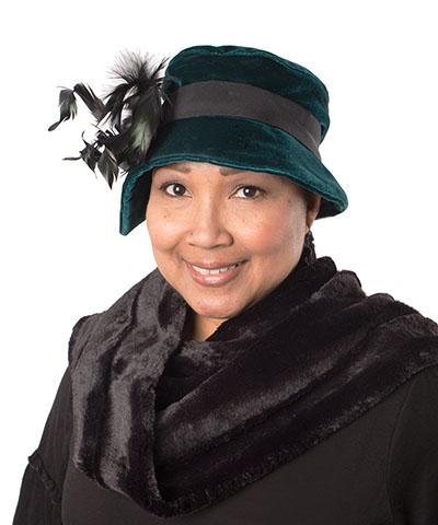 Woman facing forward wearing Abigail Hat in Emerald Velvet with Black Grosgrain Band and Emerald Black Feathers| Handmade in Seattle WA| Pandemonium Millinery