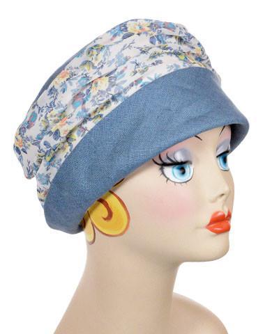 Ana Cloche Hat in Dusty Blue with Ruched Floral Chiffon Handmade by Pandemonium Millinery