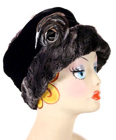 Sideview of the Ana Cloche Hat in Espresso Luxury Faux Fur with Black Velvet Band with Sharp Curl Feather Brooch| Handmade in Seattle WA| Pandemonium Millinery