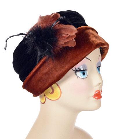 Ana Cloche Hat in Citrine Velvet with Black Velvet Band and Rust Feather Trim| Handmade in Seattle WA| Pandemonium Millinery