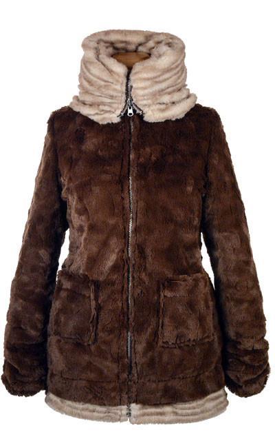 Bardot Coat in reversible Cornish Rex Faux Fur lined with Cuddly Chocolate. Handmade by Pandemonium Millinery in Seattle, WA.
