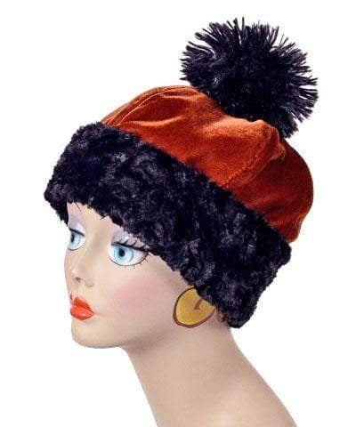 Beanie Hat, reversible – in Citrine Velvet lined in Cuddly Black Faux Fur, side view. By Pandemonium Millinery.
