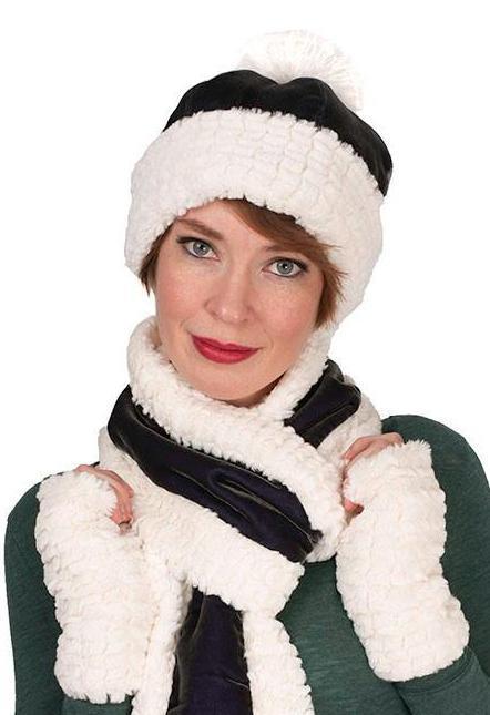 Woman modeling reversible Beanie Hat in Smoky Quartz Velvet with Cuddly Ivory Faux Fur, with matching scarf. Handmade by Pandemonium Millinery.