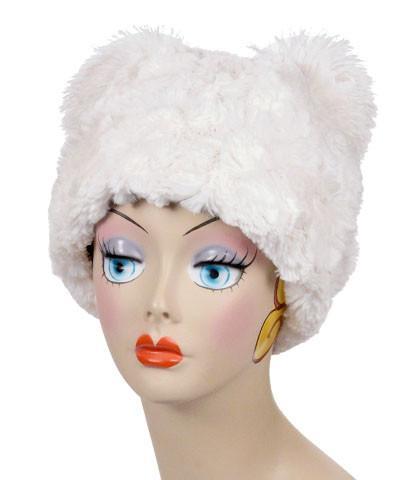 Woman modeling Bear Beanie Hat with ears and nose in Cuddly Ivory Faux Fur lined with Black. Handmade by Pandemonium Millinery.