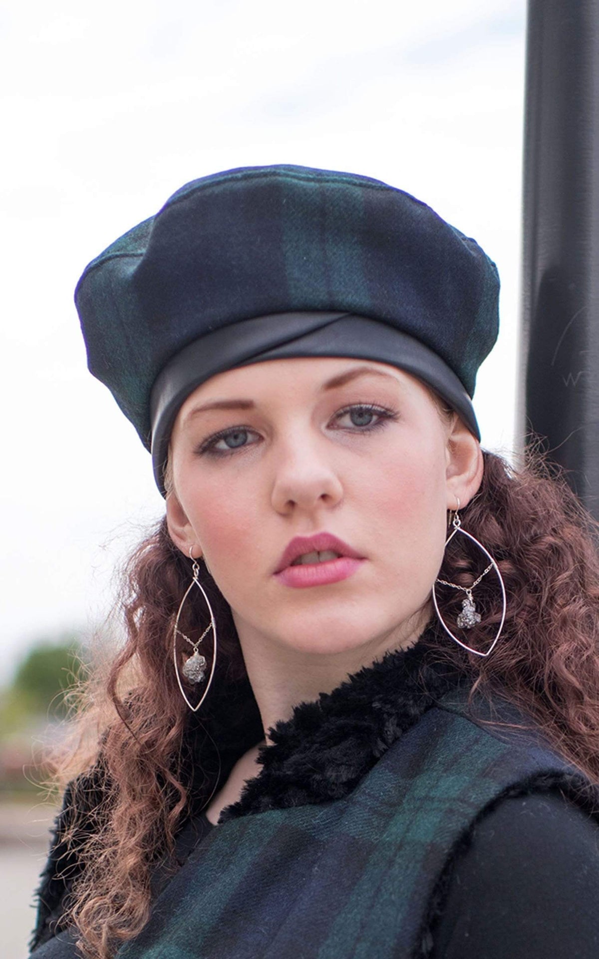 Front view of woman wearing Beret | Wool Plaid in Night Fall Navy and Forest green | Handmade By Pandemonium Millinery | Seattle WA USA