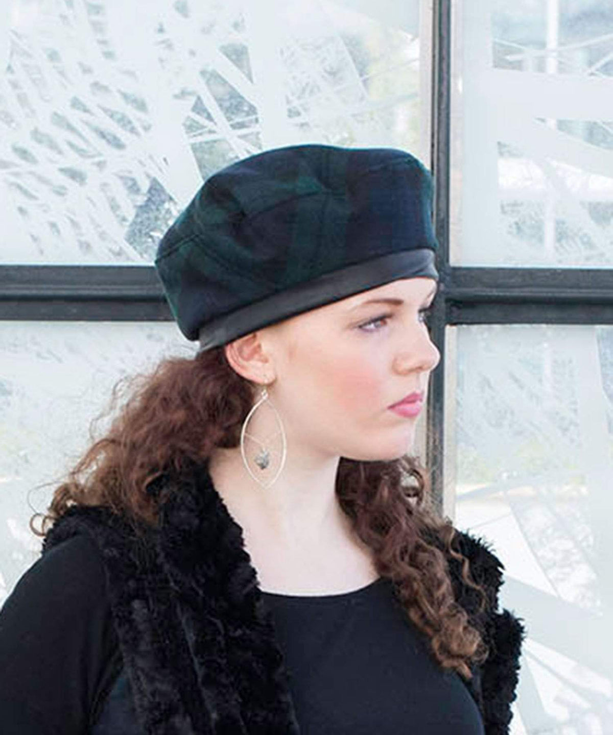 Model wearing Beret | Wool Plaid in Night Fall Navy and Forest green | Handmade By Pandemonium Millinery | Seattle WA USA