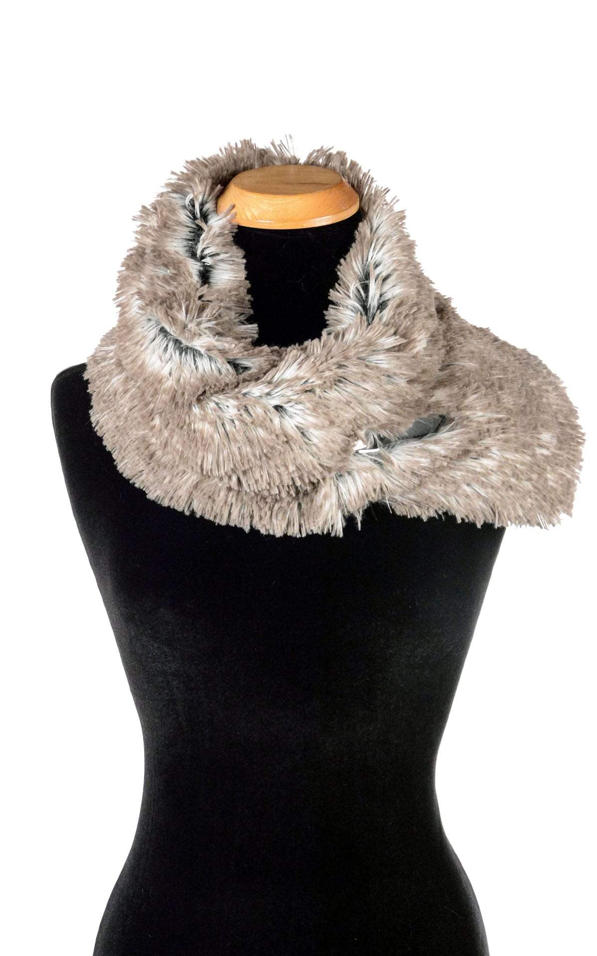 Buckle Scarf in Arctic Fox Faux Fur, shown buckled and worn with buckle on right side.