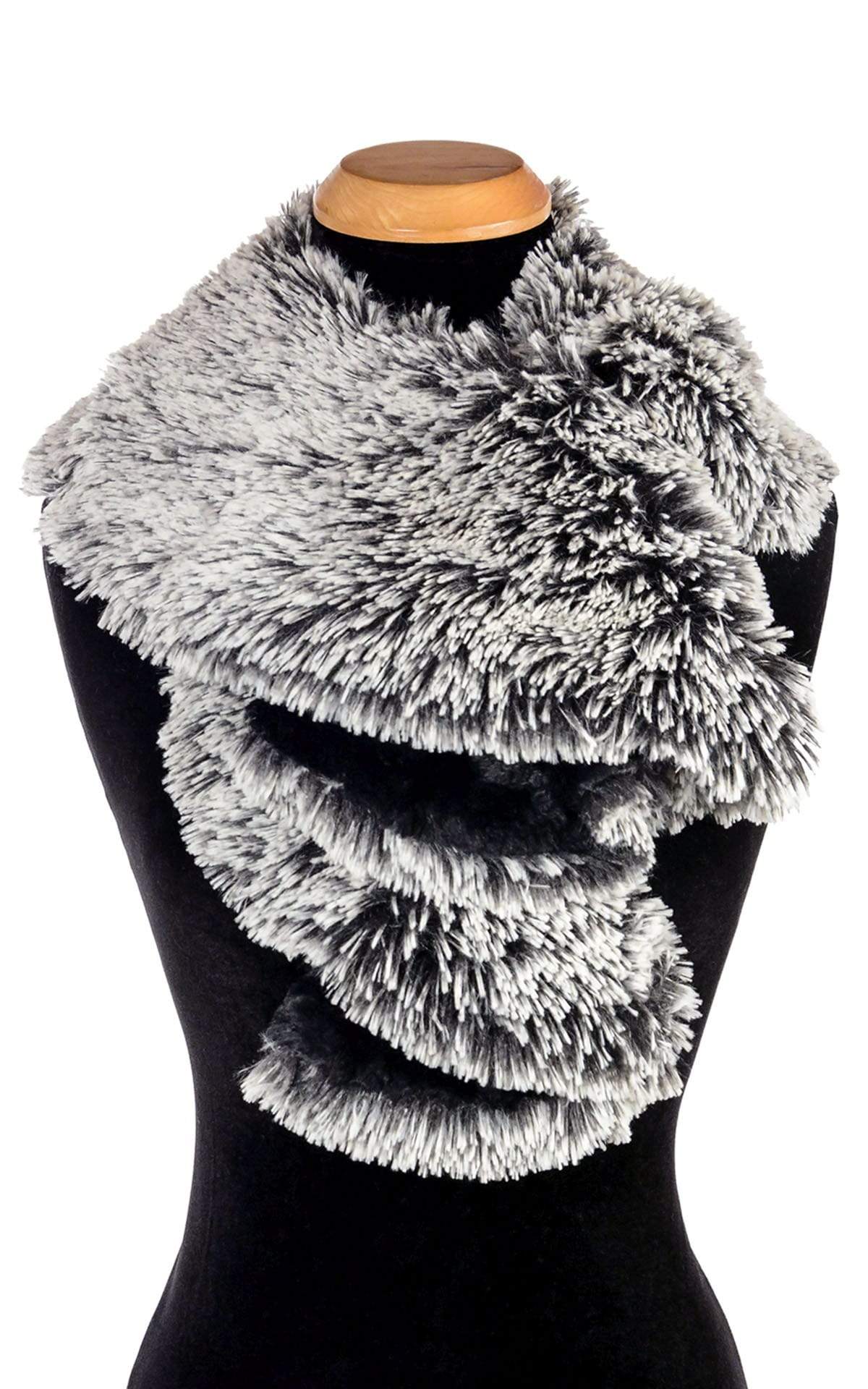 Styled Cascade Scarf | Silver Tipped Fox and Black Cuddly Faux Fur | Handmade Seattle WA USA by Pandemonium Millinery