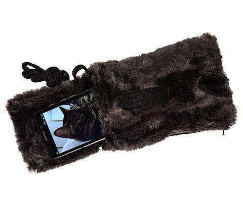 Cell Phone showing cat in Case with Cord | Espresso Bean Faux Fur | Handmade in the USA by Pandemonium Seattle