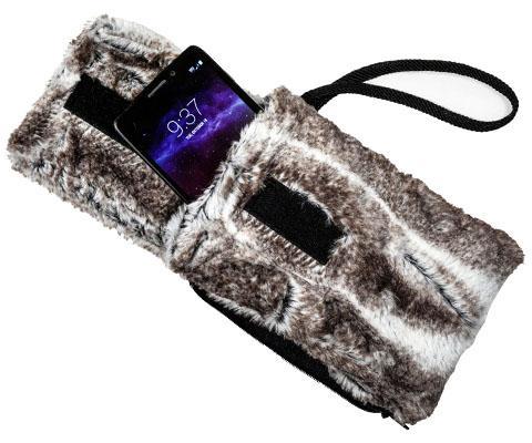 Cell Phone shown in Case with Wristlet Cord | Birch Luxury Faux Fur | Handmade in the USA by Pandemonium Seattle